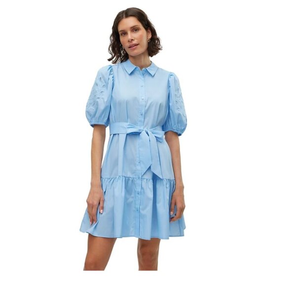 ✴️🏷️2/$20 •Vero Moda - Melio Tied Puff-Sleeve Embroidered Shirt Dress - Picture 1 of 6